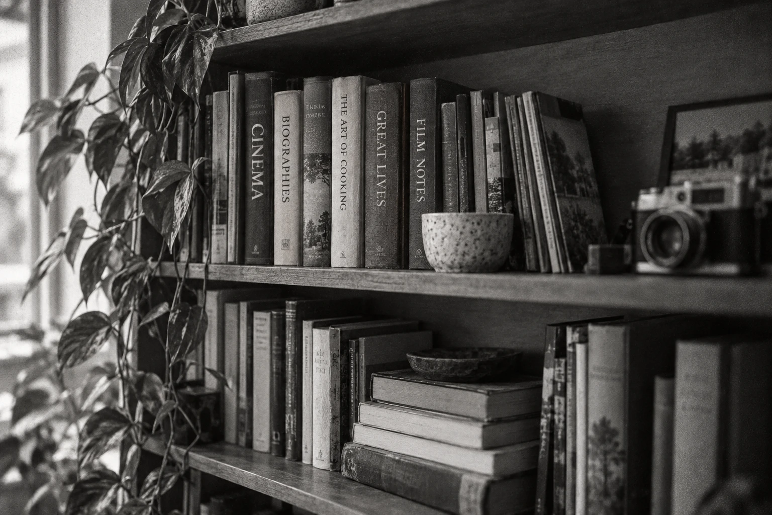 A black-and-white photograph of a bookshelf with well-used books, a camera, and a trailing plant.