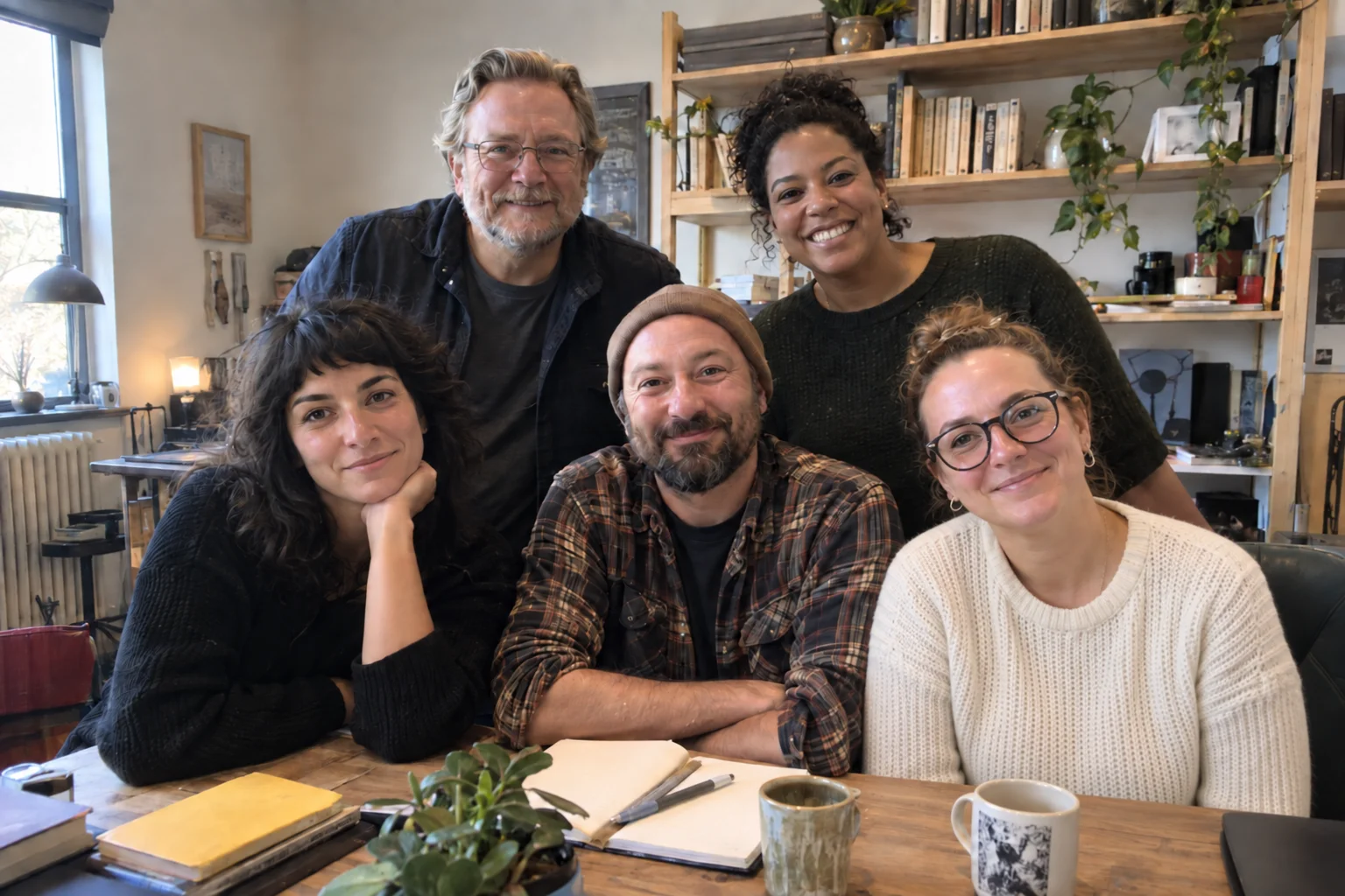 The editorial team gathered around a table with notebooks and coffee.